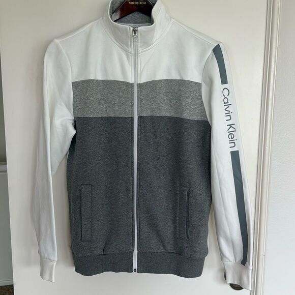Calvin Klein Mens Full Zip Up Jacket Stand Up Collar White & Grey Size Small - Picture 1 of 8